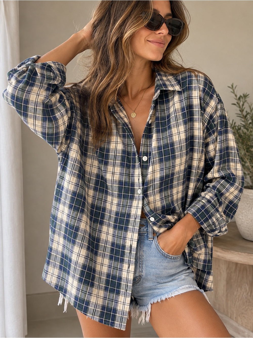 PRINCESS POLLY Oversized Plaid Flannel Button Down Shirt Navy Cream Green 6